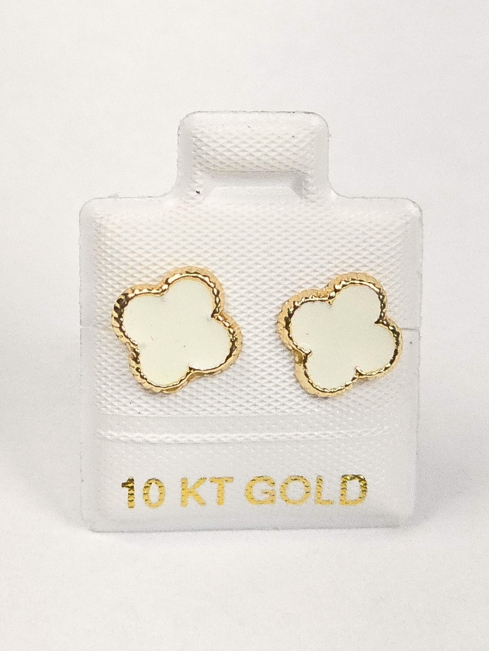 Van Four Leaf White Enamel Stud Earrings Inspired 10K Solid Gold 9.5mm